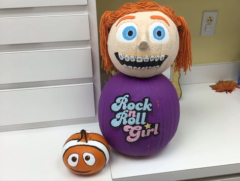 #pumpkincontest #findingnemo #darla #nemo #pumpkinpainting #halloween Finding Nemo Pumpkin Ideas, Finding Nemo Pumpkin, Nemo Pumpkin, Rock And Roll Girl, Pumpkin Contest, Pumpkin Designs, Halloween Pumpkin Designs, Painted Pumpkin, Rock Girl