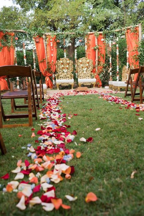 Cultural wedding altar in vibrant colors of red and orange Intimate Wedding Indian, Indian Filipino Wedding, Indian American Wedding Fusion, Indian American Weddings, Filipino Wedding, Indian American, Wedding Altars, Indian Fusion Wedding, American Wedding