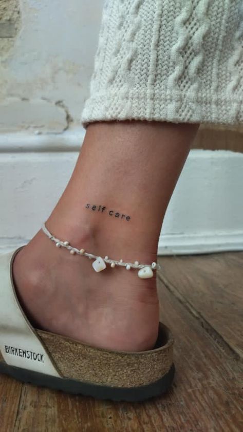 tattoo small minimalist words self care birkenstock sandals white black ink art artist mac miller Minimalist Tattoo Mac Miller, Mac Miller Tattoo Self Care, Small Tattoos Mac Miller, Dainty Mac Miller Tattoo, Mac Miller Fine Line Tattoo, Mac Miller Stick And Poke, Self Care Tattoo Ideas Mac Miller, Dunno Mac Miller Tattoo, Mac Miller's Tattoo