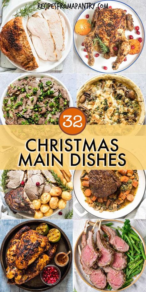 Come find best Christmas mains & entrees for your festive dinner including roast turkey, baked ham, roast chicken, rack of lamb, beef pot roast, salmon, sheet pan meals, vegetarian Christmas recipes, vegan christmas recipes. These Christmas main dishes also include non-traditional recipes like curry & casseroles. Some are Christmas main dishes for a crowd & some are make ahead. Get the easy Christmas menu ideas  / Christmas Recipes / Holiday recipes #christmas #recipes #turkey Christmas Recipes Easy Dinners, Christmas Menu Ideas Meals Main Dishes, Christmas Day Food Ideas Dinner, Christmas Beef Roast, Easy Christmas Dinner For A Crowd, Christmas Dinner Ideas Family, Main Dishes For A Crowd, Christmas Dinner Main Course, Christmas Menu Ideas