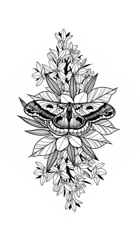 Moth Floral Tattoo Design, Plants And Butterflies Tattoo, Moth And Flowers Tattoo Design, Half Moth Half Flower Tattoo, Moth Flowers Tattoo, Moth Tattoo With Flowers, Moth Flower Tattoo, Moth Floral Tattoo, Moth Thigh Tattoo