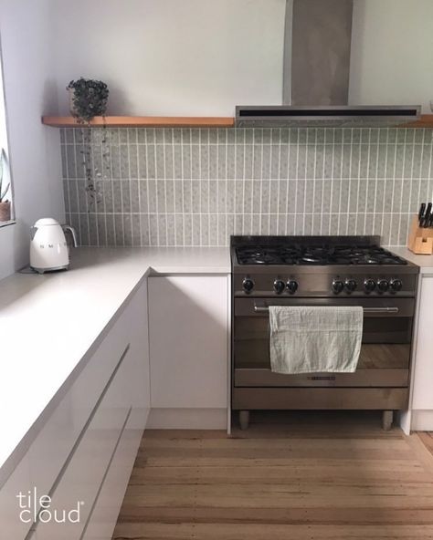 TILEHAUS | TILECLOUD NEWPORT GLOSS SUBWAY SAGE GREEN TILE | Bathroom Tiles, Kitchen Tiles, Splashback Tiles Sage Green Splashback Kitchen, Sage Green Tile, Green Splashback, Range Tile, Kitchen Splashback Tiles, Green Tile Bathroom, Cupboard Lights, Tile Splashback, Splashback Tiles