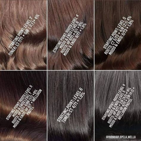 Spela Ribnikar_WellaEdu on Instagram: "📣You just must SAVE this palette of #chocolatehair formulas 📣 . 👉 Don't forget to like ❤ 👉 Don't forget to share 🌎🌍🌏 👉 Don't forget to comment 💬 🙏💞🙏💞🙏💞🙏💞🙏💞🙏💞🙏 . #wellacolor #wellaeducation #wellaformula #wellacommunity #wellafamilly #wellaconnected #browninspiration #brownhair #shinehair #instahair #behindthechair #brunnette #wellapassionistas #colorpalette #coloroftheday @wellahair" Wella Brown Hair Color Formulas, Cool Brown Hair Formula, Chocolate Brown Hair Formula Wella, Wella Formulas Brown, Wella Color Formulas Brown, Chocolate Brown Hair Color Formula, Toner For Brown Hair, Wella Formulas, Toner Formulas