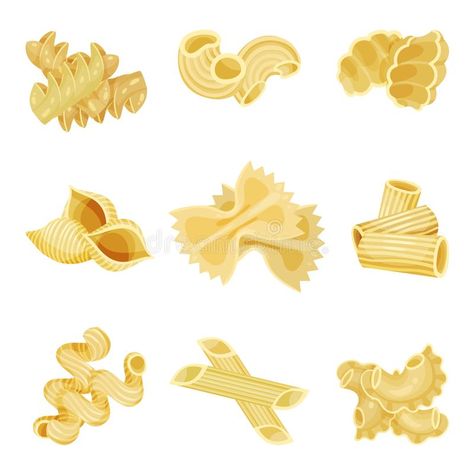 Detailed flat vector set of traditional Italian pasta of different shapes. Uncooked macaroni. Organic food. Set of traditional Italian pasta of different shapes royalty free illustration Cooking Gnocchi, Pasta Packaging Design, Traditional Italian Pasta, Pasta Packaging, Pasta Penne, Pasta Italiana, Food Vector, Food Stock, App Background