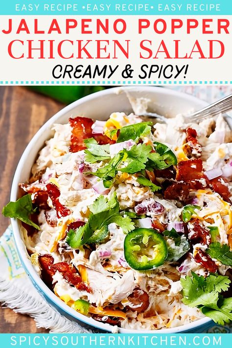 Jalapeno Popper Chicken Salad is super creamy with lots of jalapenos, cheddar cheese, and bacon. This is a chicken salad for people who love bold, spicy flavor. Jalapeno Popper Salad Recipes, Jalapeño Popper Pasta Salad, Jalapeno Popper Chicken Sandwich, Jalapeno Popper Salad, Jalapeño Chicken Salad, Jalapeno Popper Chicken Salad, Spicy Recipes Easy, Spicy Chicken Salad, Small Sandwiches