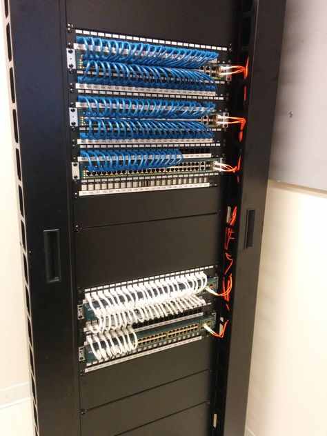 Brand new patch panel install. Cisco switches into patches. Bonus orange uplink fiber lines! Network Organization, Network Rack, Structured Cabling, Cisco Switch, Home Lab, Server Room, Custom Computer, Patch Panel, Portable Printer