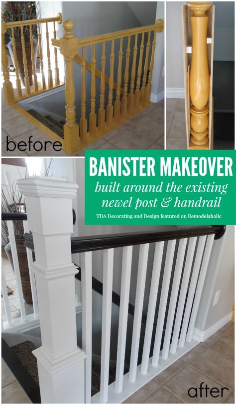 Beautiful stair railing renovation using the existing newel post and handrail | TDA Decorating and Design featured on @Remodelaholic #makeover #staircase How To Replace A Bannister, Timeless Stair Railing, Bannisters And Railings, Updated Stair Railing, Bannister Makeover, Railing Renovation, Banisters And Railings Makeover, Banister Makeover, Bannister Ideas