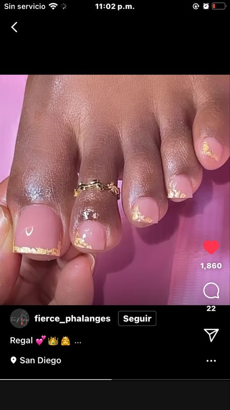 Gold Toes Polish, Gold French Tip Pedicure, Pedicure Ideas Gold, Gold Acrylic Toes, Gold Toes Pedicure, Gold Pedicure Toenails, Gold French Tip Toes, Gold Toe Nail Designs, Prom Toes