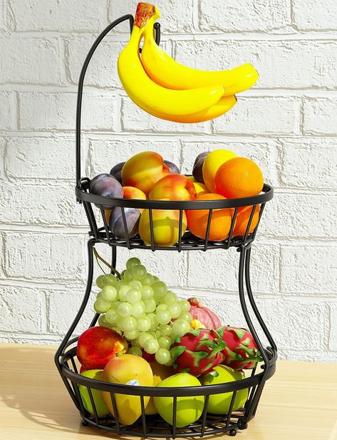 2-Tier Fruit Basket Bowl Stackable Vegetable Storage with Banana Tree Hanger Stand for Kitchen Countertop, Metal Wire Basket for Bread Onions Potatoes Black Banana Hanger, Tiered Fruit Basket, Wire Fruit Basket, Fruits Decoration, Wire Basket Storage, Fruit Holder, Hanger Stand, Vegetable Storage, Fruit Storage