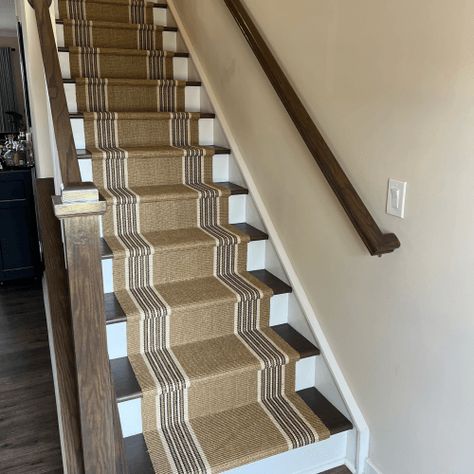 Stairway Runners, Stair Redo, Striped Stair Runner, Stair Carpet Runner, Stair Runner Installation, Staircase Runner, Treads And Risers, Stair Rods, Top Of The Stairs