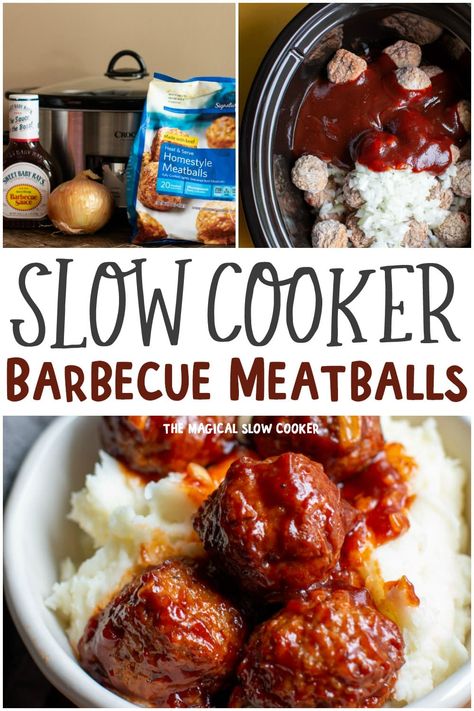 Slow Cooker Barbecue Meatballs only have 3 ingredients and make a perfect appetizer or dinner served over mashed potatoes or rice. #slowcooker #crockpot #barbecue #meatballs Barbecue Meatball Recipes, Crockpot Barbecue, Barbecue Meatballs, Over Mashed Potatoes, Grape Jelly Meatballs, Bbq Meatballs, Crockpot Appetizers, The Magical Slow Cooker, Crock Pot Meatballs