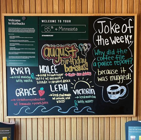 starbucks chalk board
barista picks
joke of the week Starbucks Community Board Ideas, Starbucks Board Ideas, Starbucks Manager, Chalk Art Coffee, Starbucks Crafts, Cafe Chalkboard, Coffee Chalkboard, Community Ideas, Iced Matcha Latte