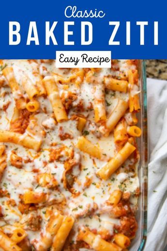 Warm and comforting this is an easy-to-make classic Baked Ziti recipe filled with Italian Sausage, tomato sauce, and cheese to the max! Perfect for a weeknight dinner for the whole family! #pasta #ziti #dinner #easy #weeknight Easy Baked Ziti With Italian Sausage, Baked Ziti No Ricotta, Easy Baked Ziti With Ground Beef, Pasta Casseroles Baked, Turkey Ziti, Oven Baked Ziti, Baked Ziti Recipe Easy, Pasta Ziti, Wednesday Meals