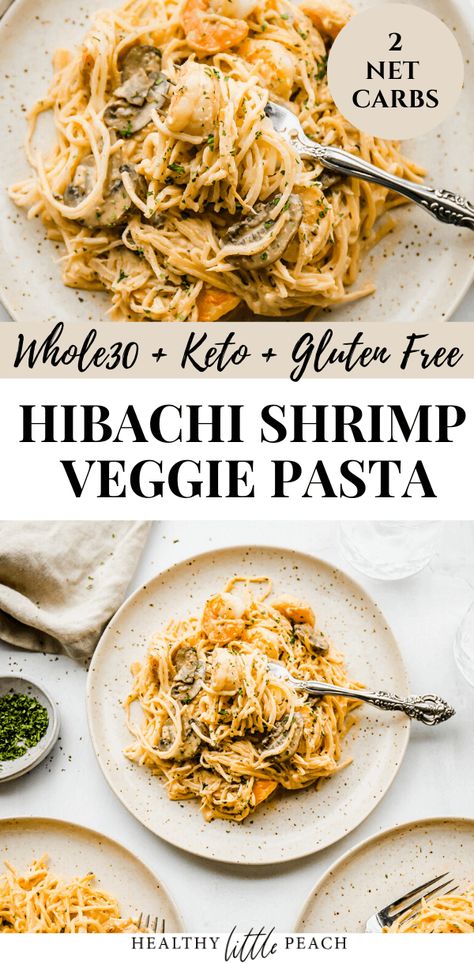 This Hibachi Shrimp Veggie Pasta tastes identical to the Japanese Hibachi Grill. Hearts of Palm Pasta mixed with shrimp, mushrooms, shallots, garlic, tossed in Bang bang Sauce and garnished with parsley. Whole30, Keto, Paleo and Gluten/Dairy Free. Hearts Of Palm Pasta, Shrimp Mushrooms, Hibachi Shrimp, Healthy Little Peach, Workout Transformation, Japanese Hibachi, Bang Bang Sauce, Paleo Dinners, Keto Seafood