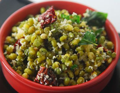 Green Gram Sundal Recipe - Cooked whole moong tempered with red chillies, green chillies, hing, curry leaves, urad dal and garnished with coconut. Hi Tea, How To Make Green, Green Gram, Indian Veg Recipes, Goan Recipes, Aloo Gobi, Urad Dal, Sanjeev Kapoor, Fried Fish Recipes