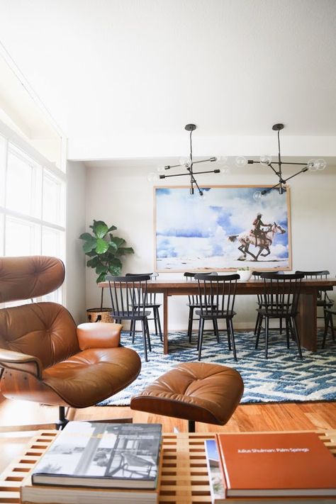 Modern/Folk Casa Vintage, Living Room And Dining Room, Herman Miller, A Living Room, Eclectic Home, Eames Lounge Chair, Vintage Modern, West Elm, Open Plan