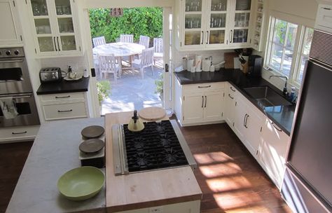 Boxwood Terrace: Ina Garten's Napa Valley Kitchen love the different counter tops Patio Door In Kitchen Layout, Kitchen Island French Doors, Kitchen Door To Deck, Kitchen With Patio Doors Layout, Kitchen With French Doors To Patio, Napa Kitchen, Countertop Cabinets, Napa House, Valley Kitchen