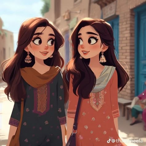 Desi Asthetic Cartoon, Bff Pics Cartoon, Sisters Cartoon Images, Indian Graphic Design, Sisters Photoshoot Poses, Friends Cartoon, Best Friends Cartoon, Friends Illustration, Girly Dp