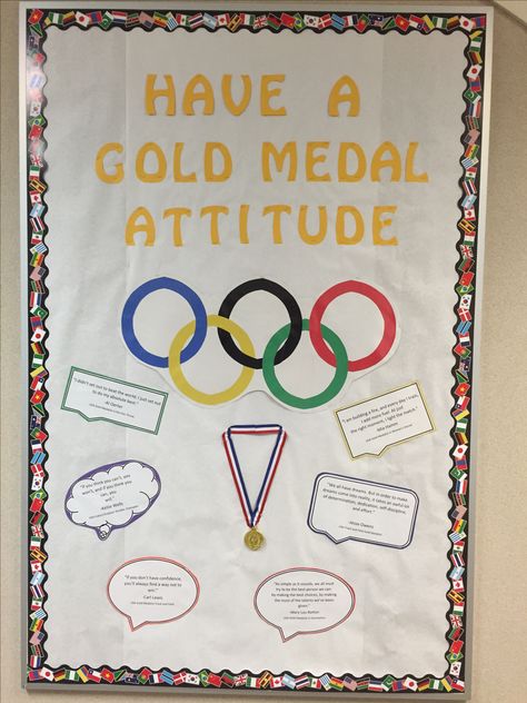 Back To School Olympic Theme, Go For The Gold Theme Classroom, Back To School Olympics Bulletin Board, Olympic Door Decorations For School, Olympic Bulletin Boards For School, Olympic Theme Bulletin Board Ideas, Olympic Office Decorations, Olympics School Theme, Olympic Theme Staff Appreciation