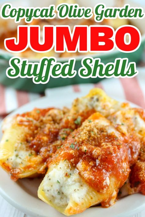 Giant Stuffed Shells, Jumbo Stuffed Shells, Jumbo Shell Recipes, Shell Pasta Recipes, Copycat Olive Garden, Stuffed Shells Ricotta, Olive Garden Recipes, Shells Recipe, Stuffed Shells Recipe