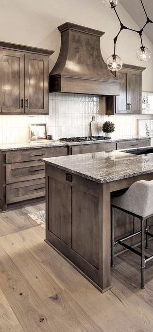 Kitchen Cabinets Barndominium, Rustic Stained Kitchen Cabinets, Weathered Cabinets Kitchen, Dark Wash Cabinets Kitchen, Gray Stain Cabinets Kitchen, Dark Glazed Kitchen Cabinets, Barnwood Cabinets Kitchens, Gray Wood Cabinets Kitchen, Gunsmoke Cabinets