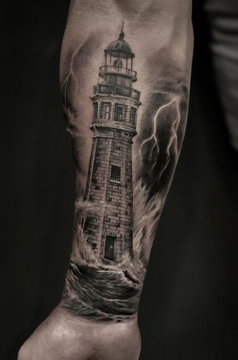 Lighthouse Tattoo Men Forearm, Lighthouse Forearm Tattoo, Ship And Lighthouse Tattoo, Seaman Tattoo Design, Lighthouse Tattoo Men, Aviation Tattoos, Light House Tattoo, Pirate Tattoo Sleeve, Honey Badger Tattoo