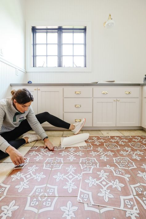 How is the peel and stick flooring holding up?! Stick On Tile Floor Bathroom, Rug Over Tile Floor, Painted Tile In Kitchen, Removable Peel And Stick Floor Tile, Rental Half Bathroom Ideas, Peel And Stick Flooring Ideas, How To Lay Peel And Stick Tile, Kitchen Floor Peel And Stick Tile, Stenciled Bathroom Floor