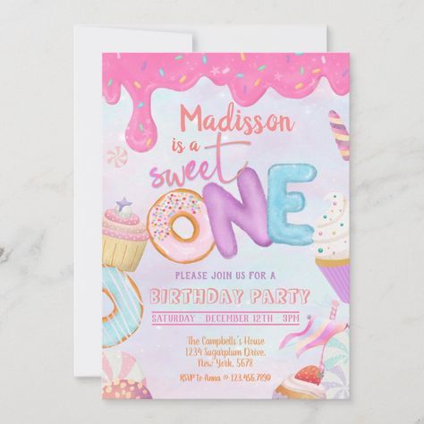 Candyland Invitations, Candy Theme Birthday Party, Birthday Donuts, 1st Birthday Girl, Pink Donut, Cupcake Birthday, Candyland Birthday, Party Invite Design, Two Sweet