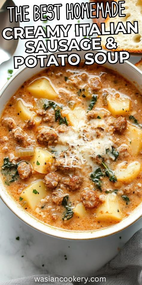 Need a simple recipe that’s both filling and flavorful? This Italian Sausage Soup blends creamy potatoes with savory sausage and a touch of Parmesan for a delicious meal. Add this Soup Recipe Using Italian Sausage to your favorites today! #ItalianSausageSoup #EasySausagePotatoSoup #ComfortSoupRecipes Italian Sausage Potato Soup, Italian Sausage And Potato Soup, Sausage And Potato Soup, Soup With Italian Sausage, Potato Soup Recipes, Sausage Potato Soup, Italian Soup Recipes, Sausage Soup Recipes, Sausage Potato