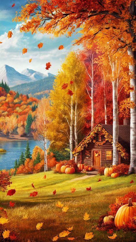 Immerse yourself in this serene autumn landscape, featuring a vibrant forest in radiant shades of orange, red, and gold. Witness leaves drifting softly to create a colorful carpet, while a tranquil lake mirrors the stunning fall palette. A cozy cabin adorned with pumpkins beckons you for warm fireside evenings. Capture the essence of fall with this beautiful wallpaper! #FallWallpaper #AutumnLandscape #NatureBeauty Autumn Beauty Wallpaper, Fall Landscape Wallpaper, Imvu Backgrounds, Colorful Carpet, Fall Backgrounds Iphone, Autumn Leaves Wallpaper, Background Fall, Rooster Painting, Fall Palette