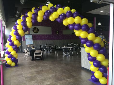 Planet Fitness Purple & yellow balloon arch Yellow Balloon Arch, Family Reunion Banquet, Emma Wiggle, Ward Christmas Party, School Carnival, Soap Craft, Yellow Balloons, Purple Balloons, Planet Fitness