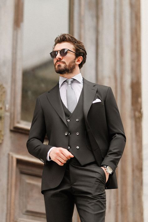 Unlock your full potential with our Black Slim-Fit Suit 3-Piece. Its sharp design and classic black shade offer a modern take on a traditional look, ideal for making a strong, polished impression. Wear it and own the moment.  #blackslimfitsuit #blackthreepiecesuit #powerlook #timelesssuit #sleekstyle #formalwear #businessattire #confidenceinstyle #mensfashion #classicblack Black Three Piece Suit, Bow Tie Suit, Modern Fit Suit, Suit Styles, Suit Stores, Slim Fit Suit Men, Sharp Design, Tuxedo Blazer, Slim Fit Suits