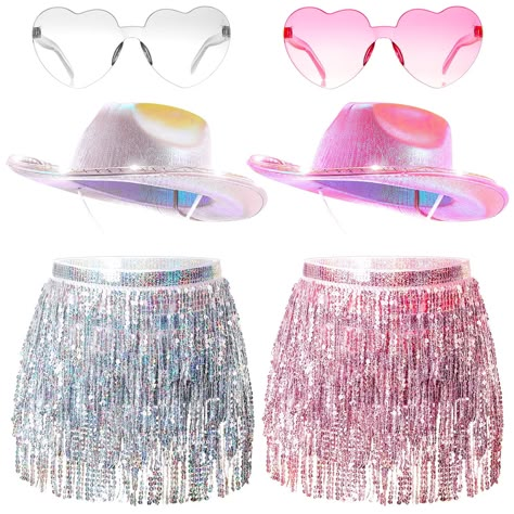 PRICES MAY VARY. What's Included in the Package: you will receive 2 pieces cowgirl hats, one in silver and the other in pink, with LED lights shining on them, 2 pieces heart shaped sunglasses, one in transparent and the other in gradient pink, and 2 pieces sequin skirts, one in silver and the other in pink; The rich package content enough to meet your various need LED Cowgirl Hat: our light up hats are equipped with shining LED lights on the bottom, and you can press the button to change the LED Cowgirl Bachelorette Party Outfits, Space Cowgirl Costume, Light Up Hats, Sequin Skirts, Cowgirl Skirt, Cowgirl Halloween, Cowgirl Bachelorette Parties, Duo Costumes, Cowgirl Outfit