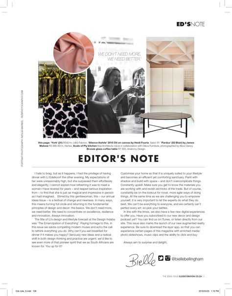 Bielle Bellingham's Editor's letter for ELLE Decoration Issue 107 Bio Page Layout Design, Letter From The Editor Magazine, Letter From The Editor Design, Elle Magazine Layout, Editors Letter, Article Layout, Editorial Layout Inspiration, Magazine Cover Layout, Create A Magazine