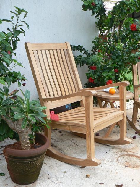 Teak Rocking Chair, Rocking Chair Porch, Rocking Armchair, Porch Rocker, Teak Outdoor Furniture, Square Side Table, Garden Backyard, Outdoor Rocking Chairs, Rocking Chairs