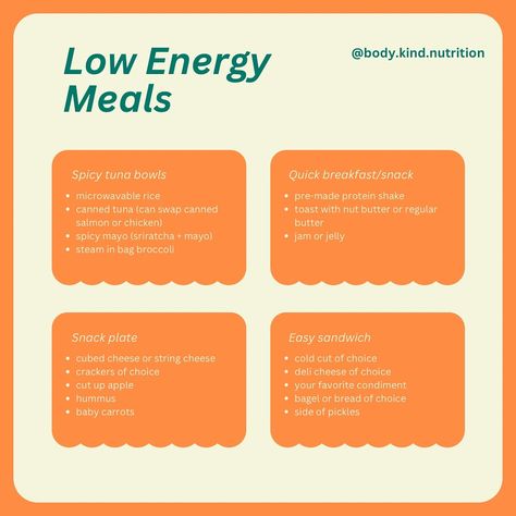 If you are struggling to nourish yourself, here are some quick and easy low energy options to get you through this week. Let us know in the comments below which one you will try. ___ Body Kind Nutrition is a meal preparation program that supports people with gentle nutrition from a weight-inclusive approach. Created with busy folks in mind, this program provides each member with 2 recipes per week and a corresponding shopping list. Each recipe is designed with a balance of carbohydrates, p... Gentle Nutrition, Nourish Yourself, Meal Preparation, Support People, Low Energy, Food Preparation, Shopping List, Meal Prep, Programming