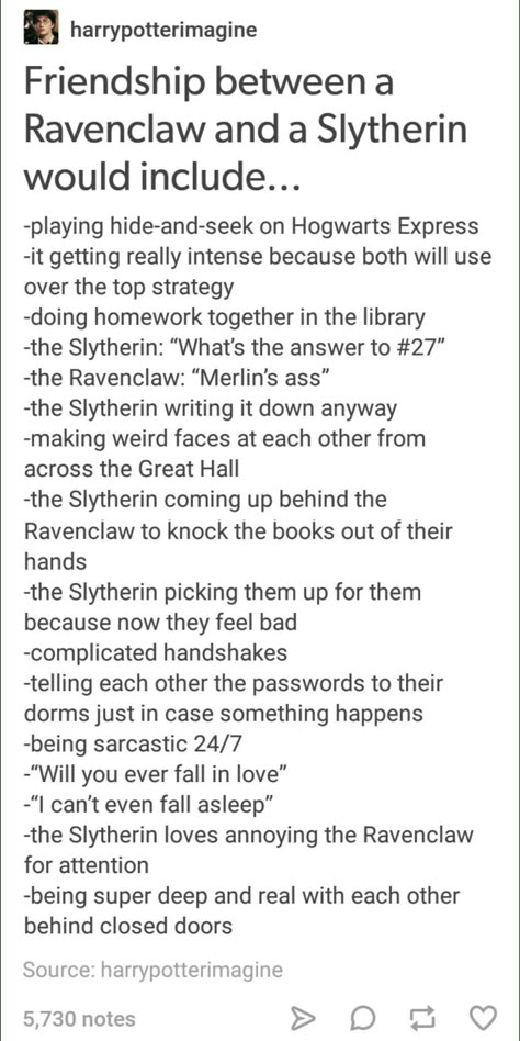 Slytherin + Ravenclaw friendship UGH THIS NEEDS TO BE MADE INTO A LOVE STORY!!! Dino Nuggets, Stile Harry Potter, Ravenclaw Pride, Slytherin Pride, Potters House, Yer A Wizard Harry, Harry Potter Houses, Harry Potter Headcannons, What The Hell