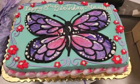 Butterfly Decorated Cake, Butterfly Cookie Cake, Butterfly Sheet Cake Ideas, Butterfly Sheet Cake, Sheet Cakes Decorated Birthdays, Cake Animals, Sheet Cakes Decorated, Girly Birthday Cakes, Butterfly Themed Birthday Party