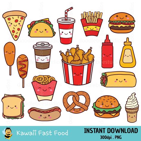 Cute Fast Food Drawings, Cute Food Art Drawing Doodles, Fast Food Clipart, Cute Food Drawings Kawaii Sweets, Food Easy Drawing, Food Cartoon Drawing, Cartoon Food Drawings, Fast Food Stickers, Food Drawing Easy