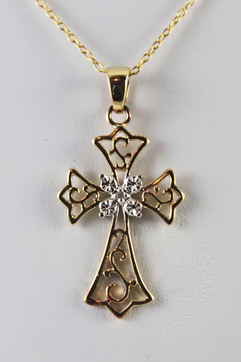 Pendant: Filigree Cross 32 X 16 mm Two-Tone Vermeil with Diamond Accent Chain: 18" Metals: 18K Gold Over Sterling Silver Shipping: Free shipping applies to addresses in the 50 US states only. International buyers you are responsible for your own customs and duties, if any. This item must ship by Priority Mail International. Returns: Free 30 day returns. Us States, Fine Jewellery Necklace, Priority Mail, Cross Necklace, Jewelry Necklace Pendant, Two Tone, 18k Gold, Fine Jewelry, Pendant Necklace