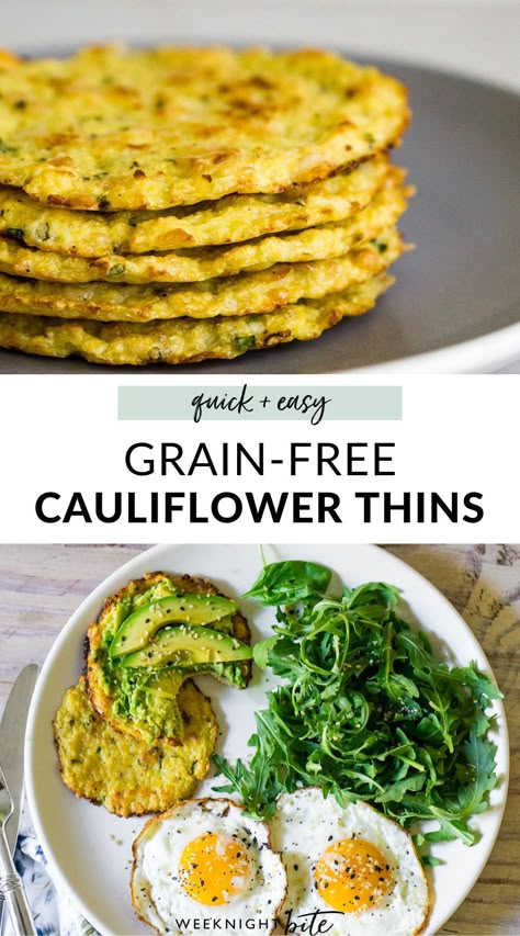 Outer Isle Cauliflower Thins Recipes, Cauliflower Flatbread Recipes, Cauliflower Sandwich Recipes, Easy Grain Free Dinner, Cauliflower Sandwich Thins Recipe, Grain Free Vegetarian Recipes, Cauliflower Thins Ideas, Cauliflower Breakfast Recipes, Scd Breakfast Recipes