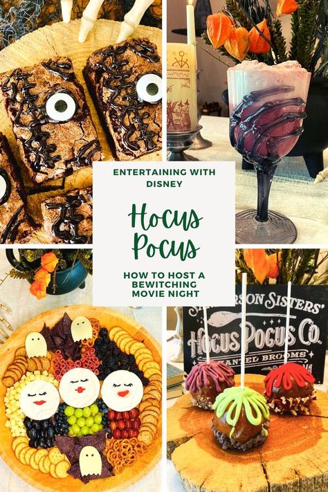 Hocus Pocus Date Night, Hocus Pocus Movie Night Dinner, Hocus Pocus Themed Movie Night, Hocus Pocus Tablescape, Hocus Pocus Meal Ideas, Horror Movie Dinner Ideas, Hocus Pocus Menu Ideas, Hocus Pocus Recipes, Halloween Movie Dinner Ideas