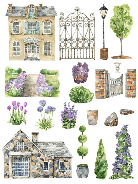 Taman Vintage, Watercolor Buildings, Farmhouse Clipart, Logo Plant, Watercolor Cottage, Cottage Illustration, Landscape Planner, Plant Png, رسم كاريكاتير