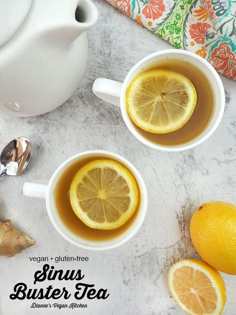 Full of herbs and spices known for their healing properties, this amped-up Sinus Buster Tea will help get you through cold and flu season! Remedy For Sinus Congestion, Sinus Congestion Relief, Vegan Drinks Recipes, Natural Decongestant, Sinus Infection Remedies, Tea For Colds, Healing Tea, Homemade Tea, Vegan Drinks