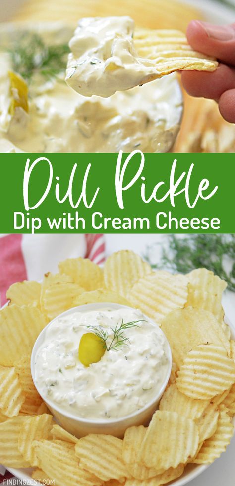 Dill Pickle Chip Dip Recipe, Dill Pickle Dip With Ranch Seasoning, Easy Pickle Dip, Easy Cold Chip Dip, Cream Cheese Dill Pickle Dip, Cream Cheese Pickle Dip, Dill Pickle Dip With Sour Cream, Pickle Cream Cheese Dip, Best Potato Chip Dip