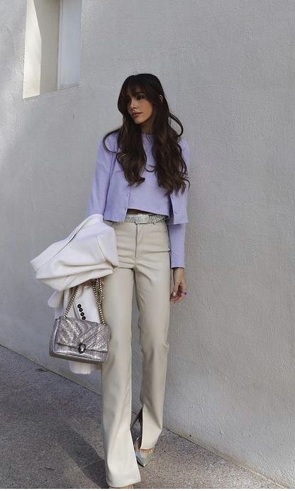 Lilac Leather Jacket Outfit, Lavender Leather Jacket Outfit, Beige And Lavender Outfit, Lavender Jacket Outfit, Lilac Jacket Outfit, Summer City Outfits, Networking Outfit, Elegant Work Outfits, Chic Work Outfits Women