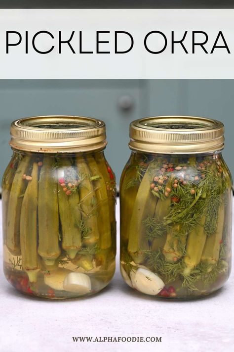 Crunchy pickled okra will help you enjoy the taste of summer year-round! They're tangy, crisp (and not slimy!), with a simple garlic and dill-based pickling spice. Quick fridge pickles or water bath canning methods below! Pickled Okra Recipe Canning, Canning Pickled Okra, Pickle Okra, Pickled Okra Recipe, Canning Methods, Pickled Okra Recipes, Fridge Pickles, Okra Water, Okra Recipe