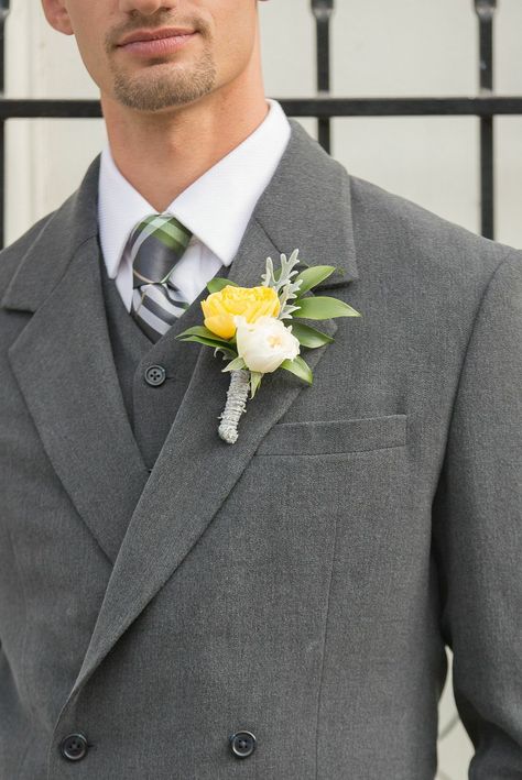 White Boutonniere, Boutonniere Pins, Rose Boutonniere, Inspirational Photos, Boutonniere Wedding, Gray Weddings, Canary Yellow, Yellow Roses, Boutonniere