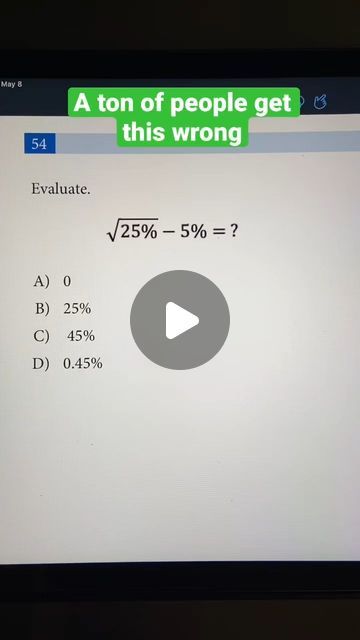 Tutely on Instagram: "Algebra with Percents ｜ Math Trick Question ｜ Square Root Fraction Problem #shorts #math #algebra #sat" Sat Notes, Trick Question, School Highschool, Trick Questions, Kids Math, Math Questions, Square Roots, Math Fractions, Math Tricks