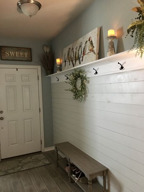 Half Shiplap Wall Entryway, Plank Wall Entryway, Hallway Decorating Farmhouse, Front Entryway Wall Ideas, Entryway Shiplap Wall, Accent Wall With Hooks, Diy Entryway Wall, Entry Way Wall Ideas, Entryway Accent Wall